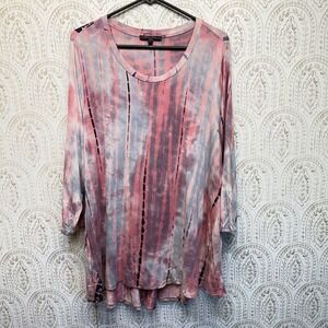 Olivia Sky Tunic Top Womens 3X Pink Tie Dye 3/4 Sleeve Pleated Back High Low Hem